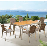 HIGOLD 3801 Nofi Patio Furniture, 7 Pieces Patio Dining Sets, Matte Champagne Aluminum Frame, Imitated Teak Aluminum Tabletop