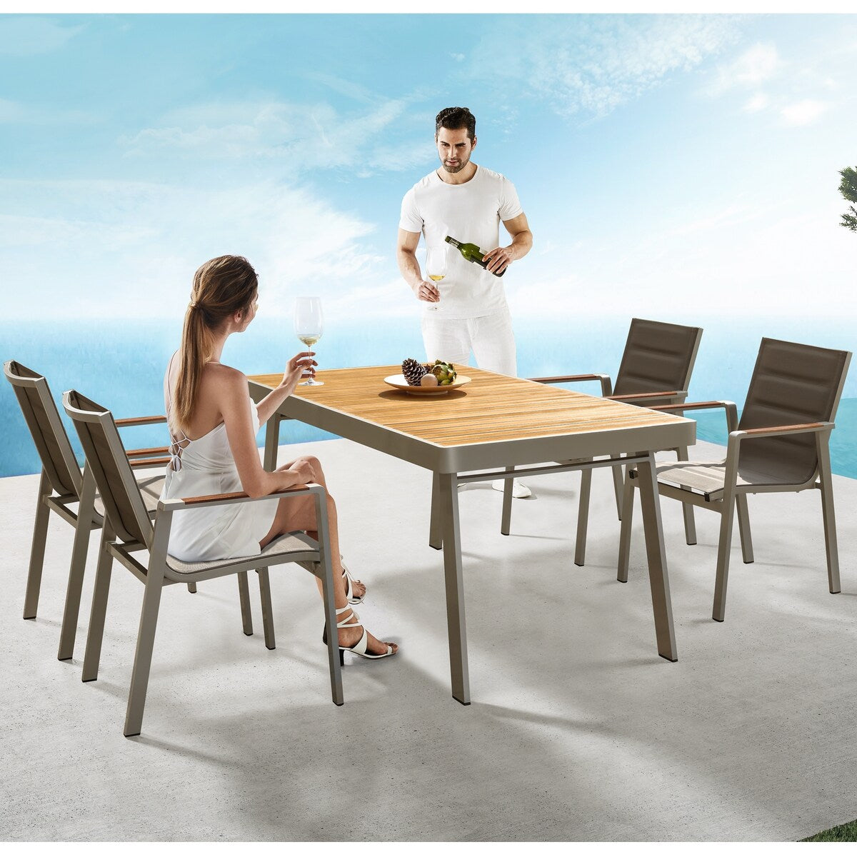 HIGOLD 3801 Nofi Patio Furniture, 7 Pieces Patio Dining Sets, Matte Champagne Aluminum Frame, Imitated Teak Aluminum Tabletop