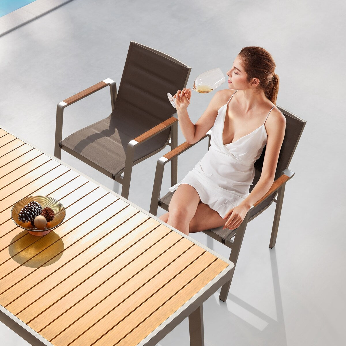 HIGOLD 3801 Nofi Patio Furniture, 7 Pieces Patio Dining Sets, Matte Champagne Aluminum Frame, Imitated Teak Aluminum Tabletop
