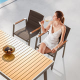 HIGOLD 3801 Nofi Patio Furniture, 7 Pieces Patio Dining Sets, Matte Champagne Aluminum Frame, Imitated Teak Aluminum Tabletop