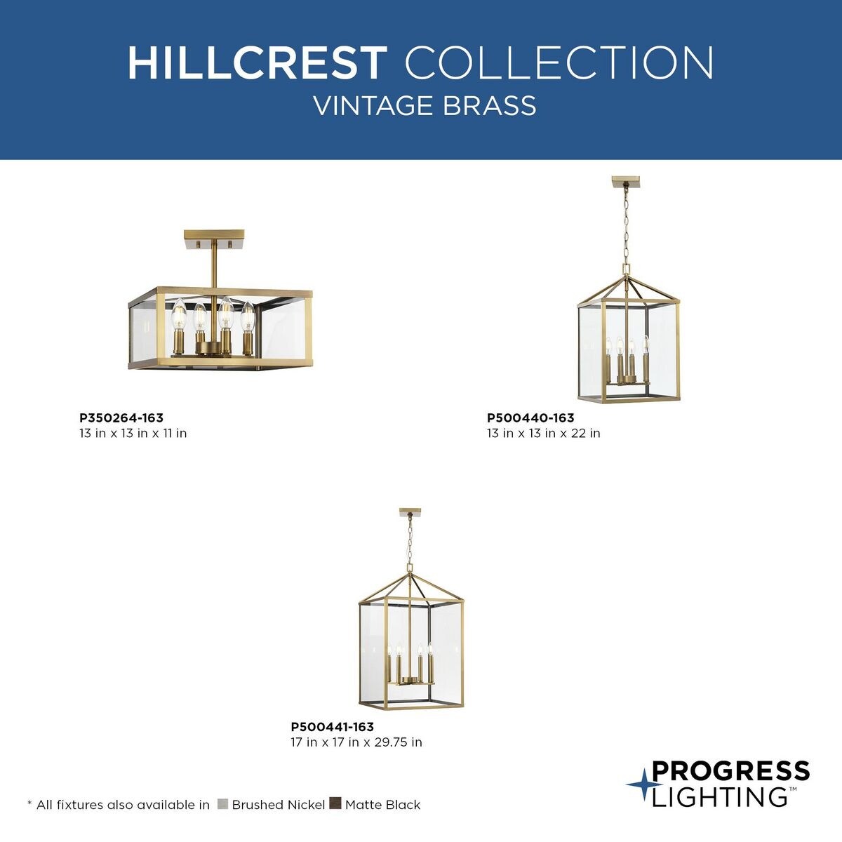 Hillcrest Collection Four-Light Vintage Brass Transitional Hall & Foyer Light - 13 in x 13 in x 22 in