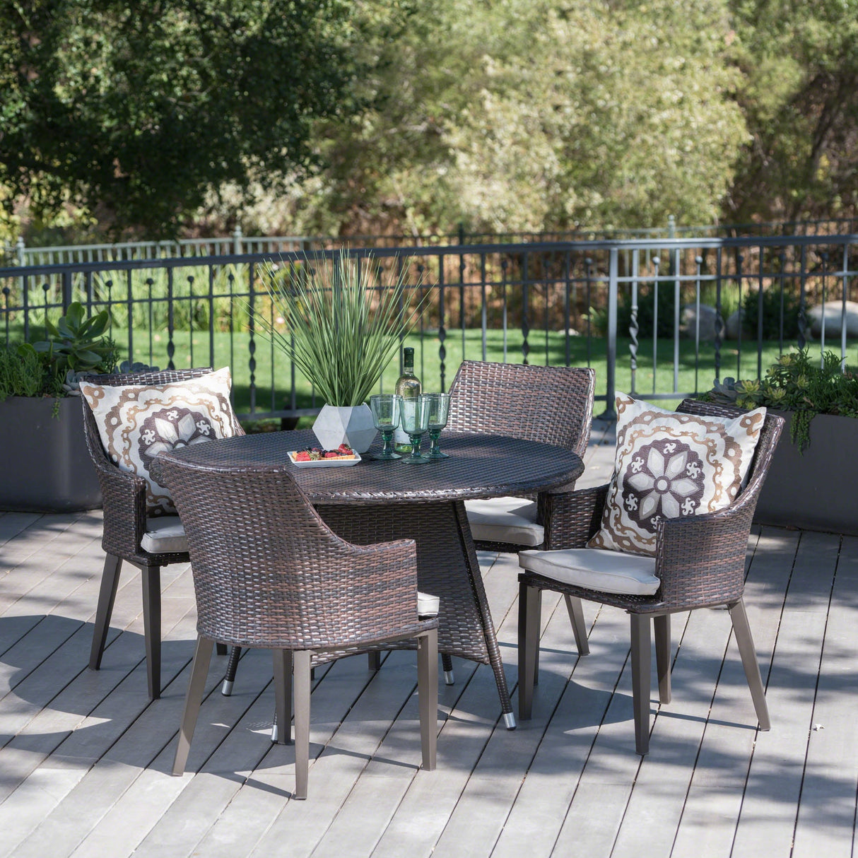 Hillhurst Outdoor 5-piece Round Wicker Dining Set with Cushions & Umbrella Hole by Christopher Knight Home
