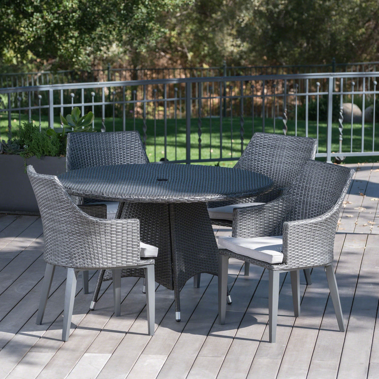 Hillhurst Outdoor 5-piece Round Wicker Dining Set with Cushions & Umbrella Hole by Christopher Knight Home