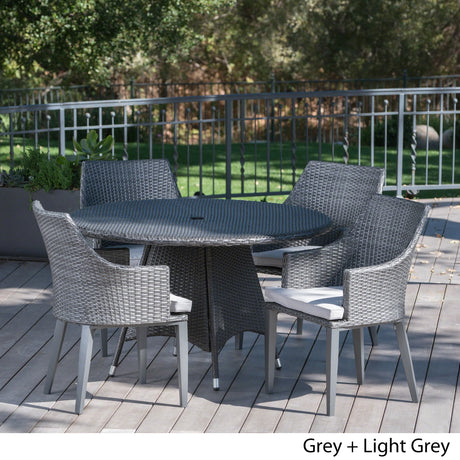 Hillhurst Outdoor 5-piece Round Wicker Dining Set with Cushions & Umbrella Hole by Christopher Knight Home