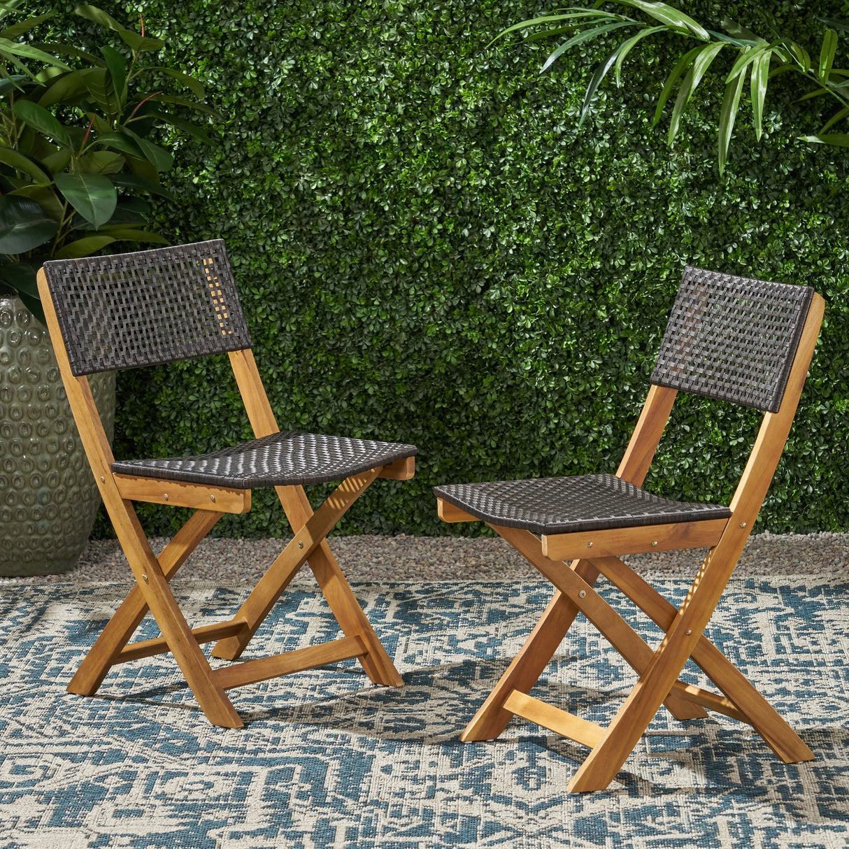 Hillside Outdoor Acacia Wood Foldable Bistro Chairs with Wicker Seating (Set of 2) by Christopher Knight Home