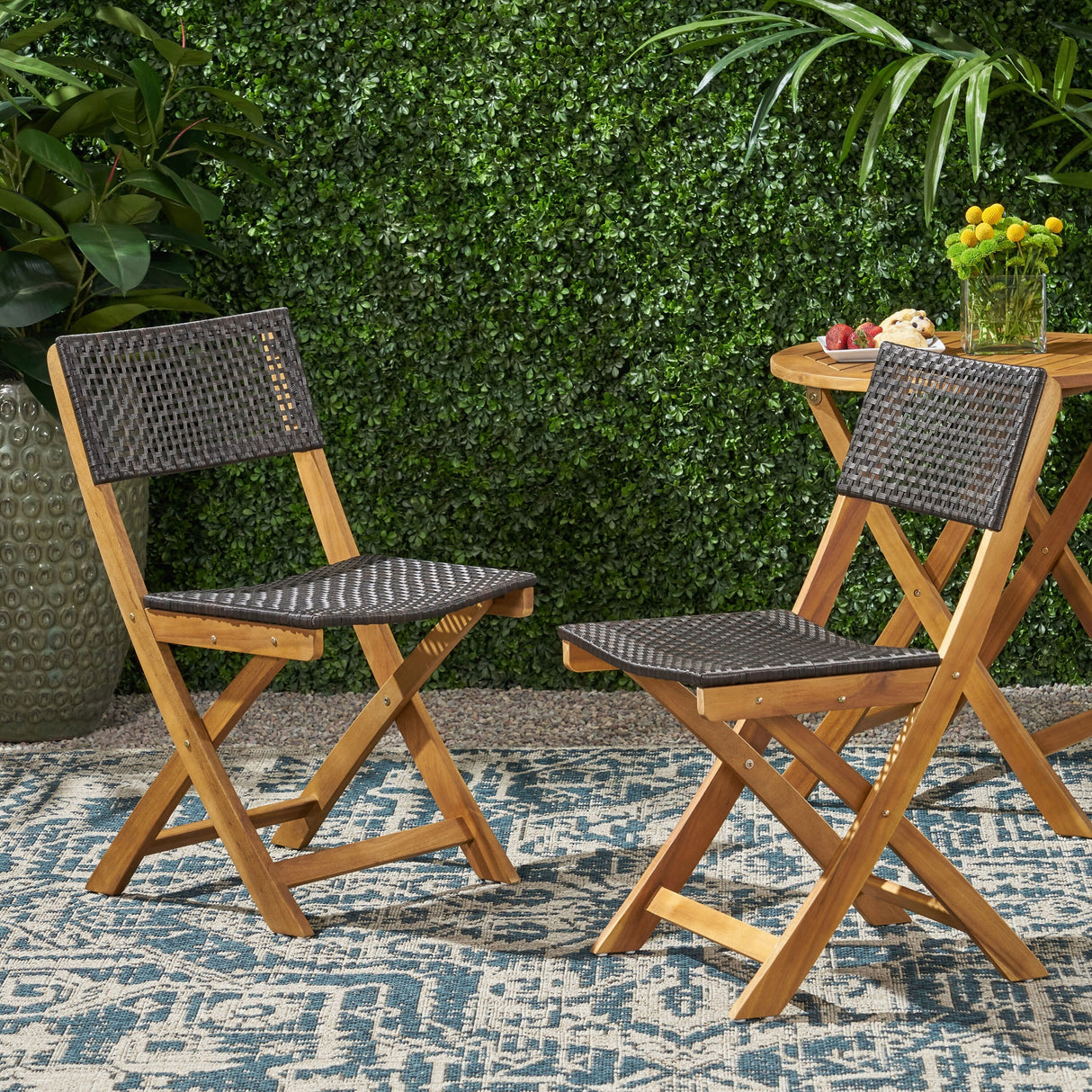 Hillside Outdoor Acacia Wood Foldable Bistro Chairs with Wicker Seating (Set of 2) by Christopher Knight Home