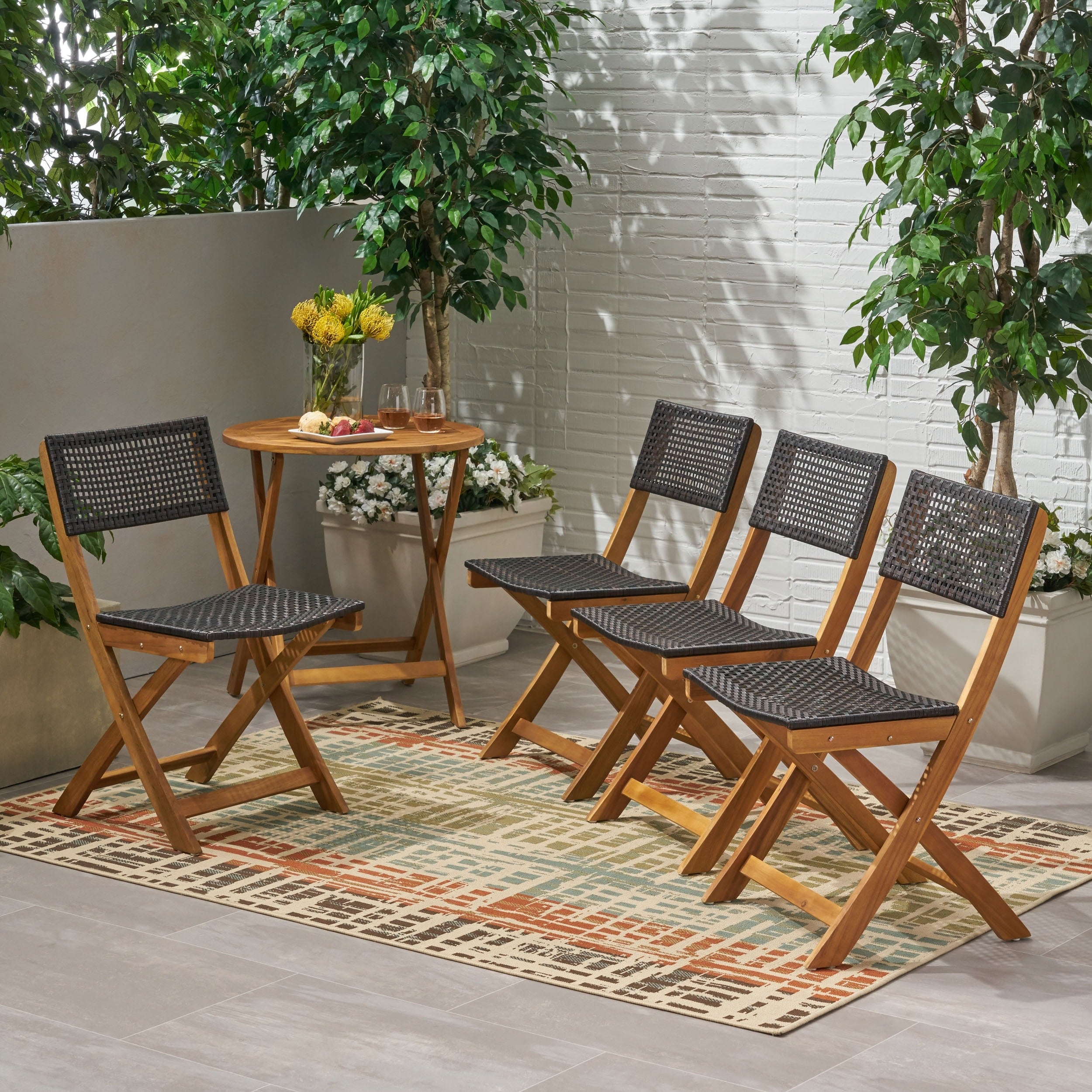 Raquelle Outdoor Wood and Wicker Foldable Bistro Chairs Set of 4 Teak and Brown