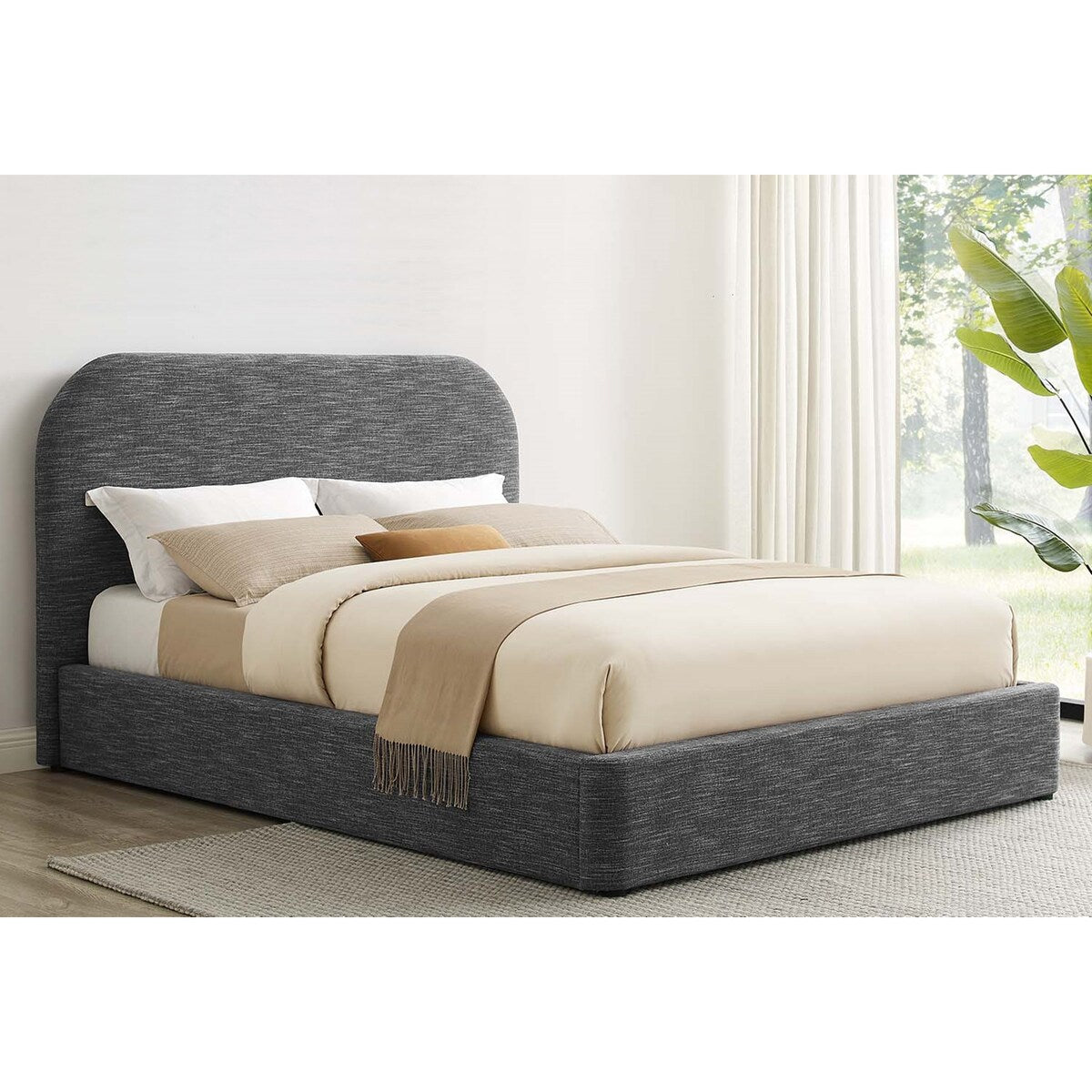Hillsway Modern Curved Headboard Slate Fabric Upholstered Full Size Platform Bed