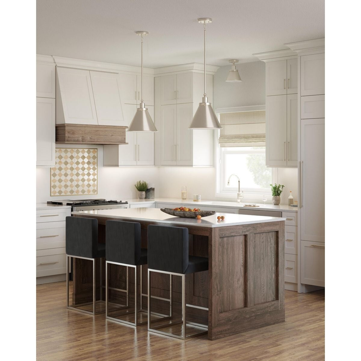 Hinton Collection One-Light Brushed Nickel Hanging Vintage Style Hanging Pendant Light - 12.25 in x 12.25 in x 12.75 in
