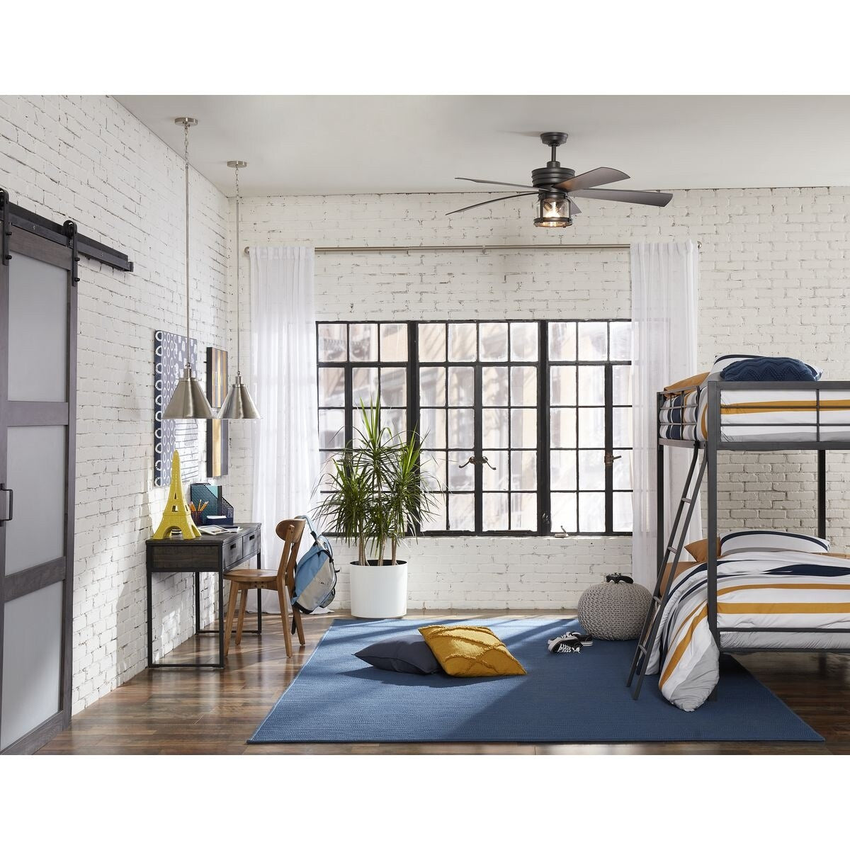 Hinton Collection One-Light Brushed Nickel Hanging Vintage Style Hanging Pendant Light - 12.25 in x 12.25 in x 12.75 in