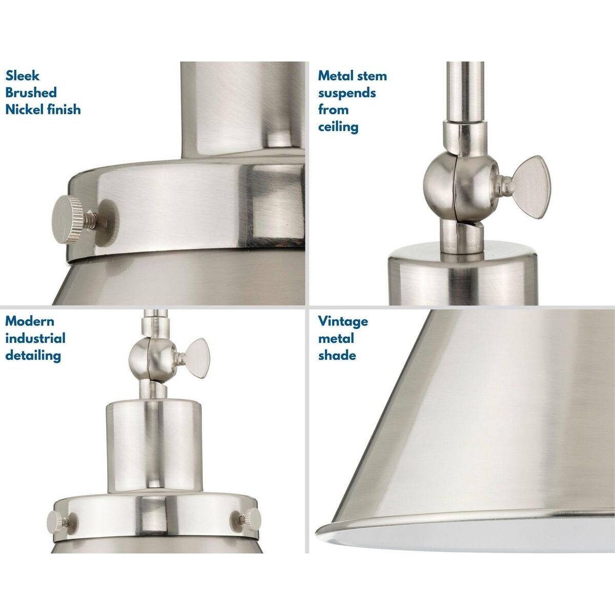 Hinton Collection One-Light Brushed Nickel Hanging Vintage Style Hanging Pendant Light - 12.25 in x 12.25 in x 12.75 in