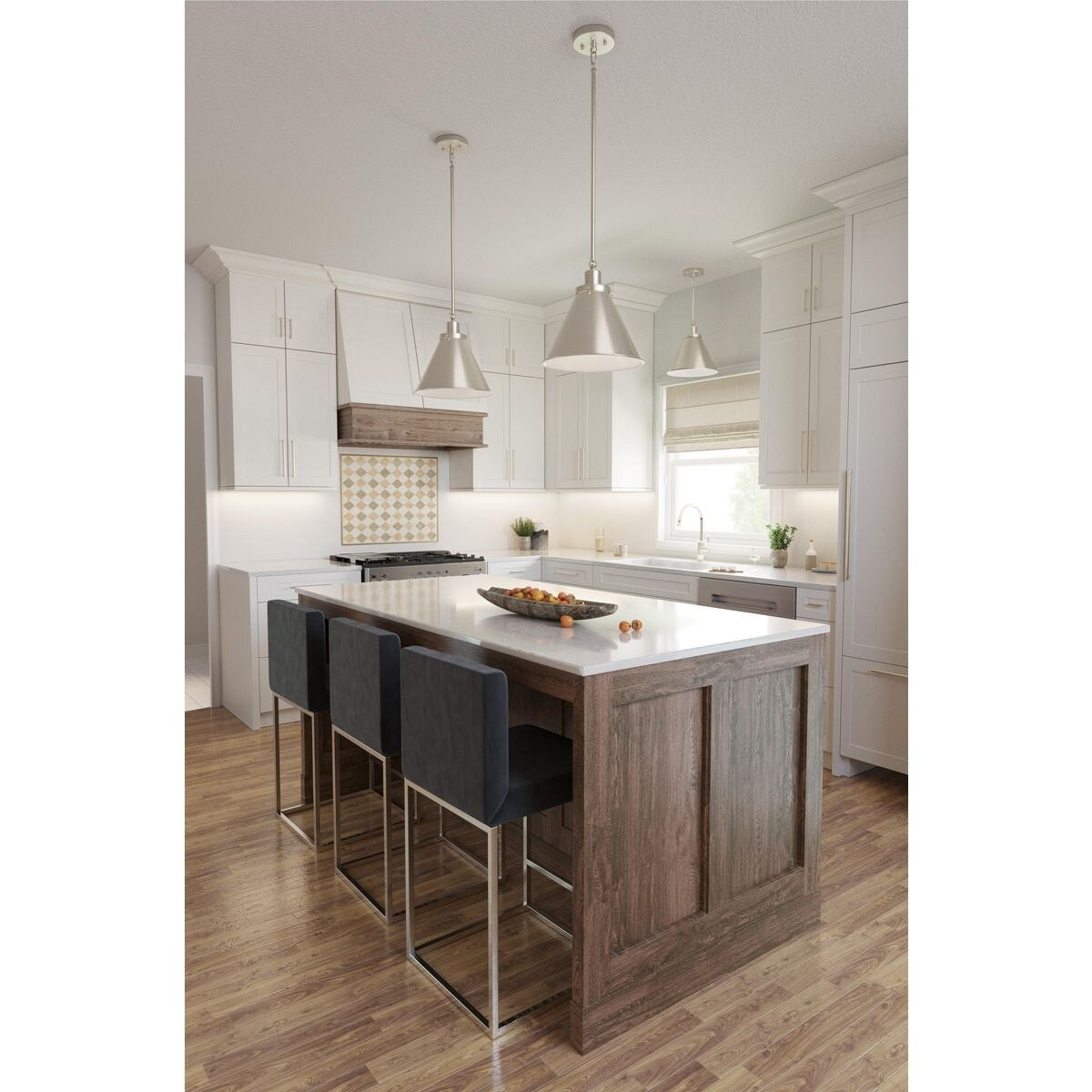 Hinton Collection One-Light Brushed Nickel Hanging Vintage Style Hanging Pendant Light - 12.25 in x 12.25 in x 12.75 in