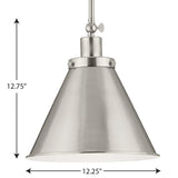 Hinton Collection One-Light Brushed Nickel Hanging Vintage Style Hanging Pendant Light - 12.25 in x 12.25 in x 12.75 in