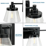 Hinton Collection Three-Light Matte Black Clear Seeded Glass Farmhouse Bath Vanity Light - 24.5 in x 7.12 in x 7.75 in