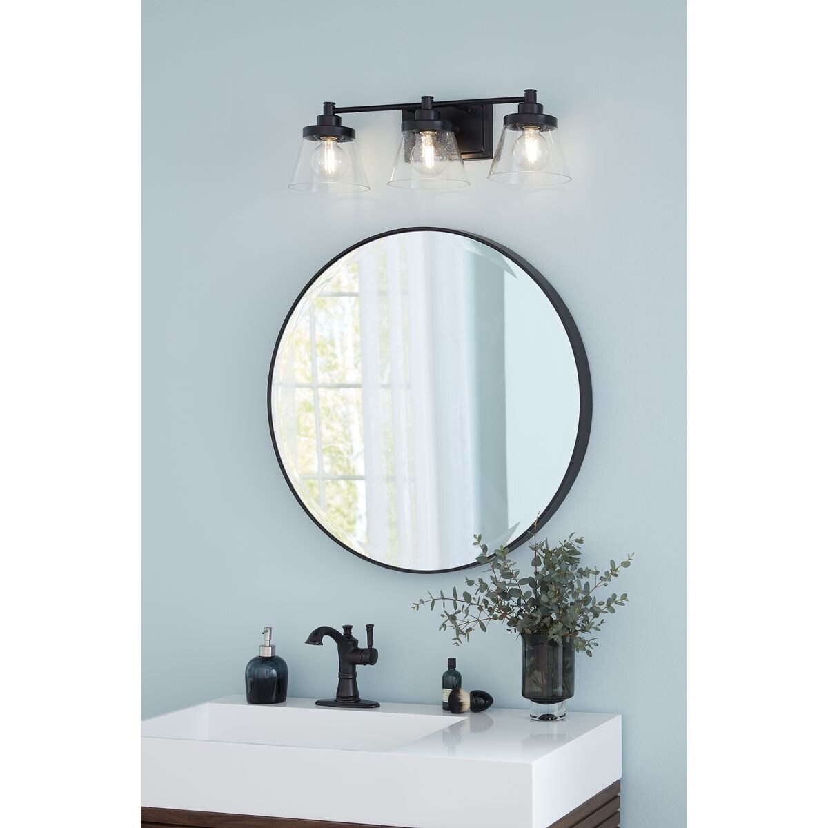 Hinton Collection Three-Light Matte Black Clear Seeded Glass Farmhouse Bath Vanity Light - 24.5 in x 7.12 in x 7.75 in
