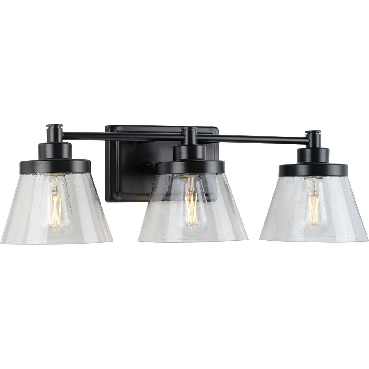 Hinton Collection Three-Light Matte Black Clear Seeded Glass Farmhouse Bath Vanity Light - 24.5 in x 7.12 in x 7.75 in