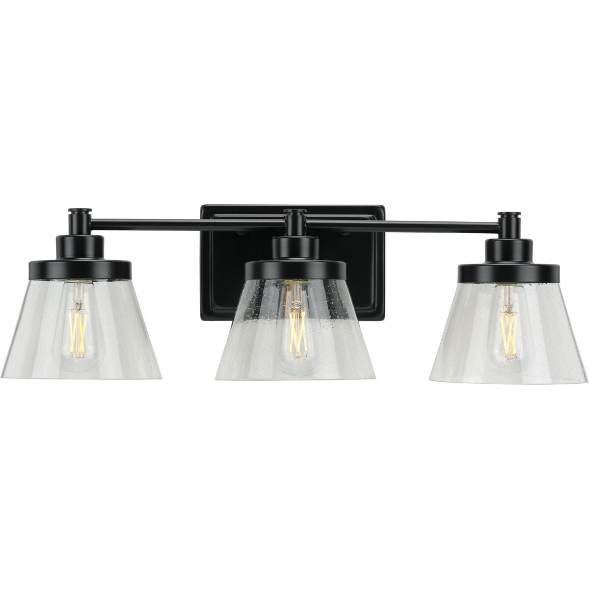 Hinton Collection Three-Light Matte Black Clear Seeded Glass Farmhouse Bath Vanity Light - 24.5 in x 7.12 in x 7.75 in