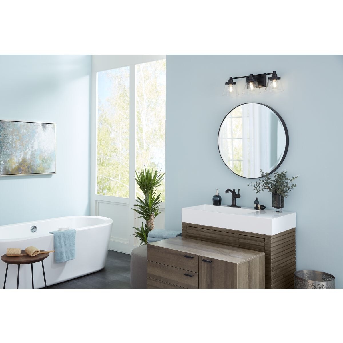 Hinton Collection Three-Light Matte Black Clear Seeded Glass Farmhouse Bath Vanity Light - 24.5 in x 7.12 in x 7.75 in