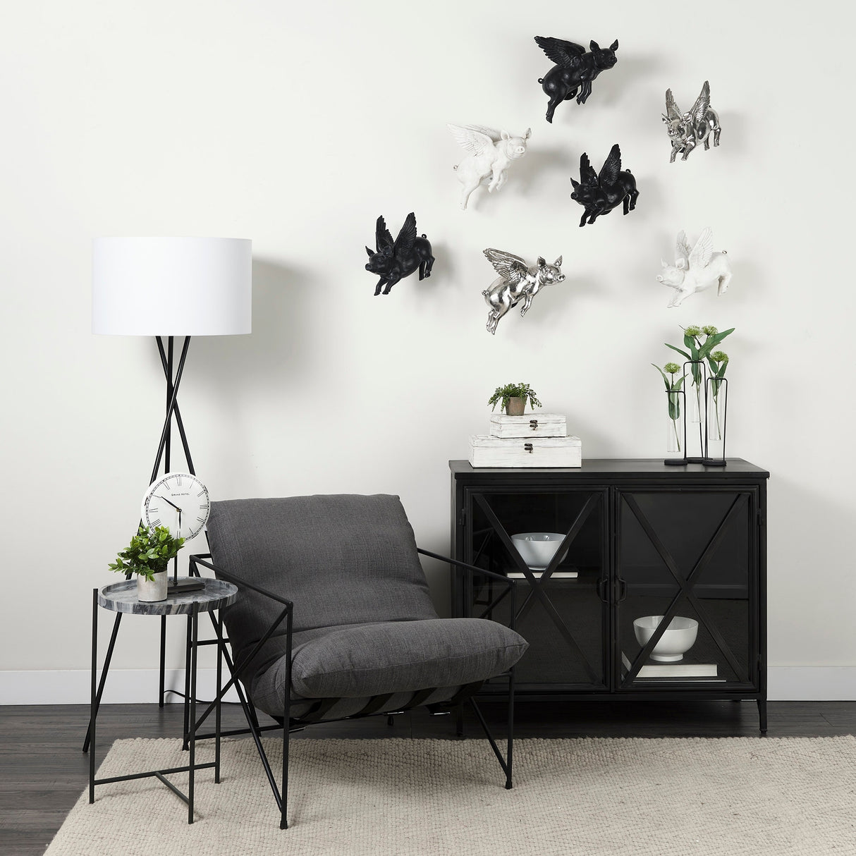Hogbadi Black Resin Flying Pigs Decorative Wall Accents, Set of 2