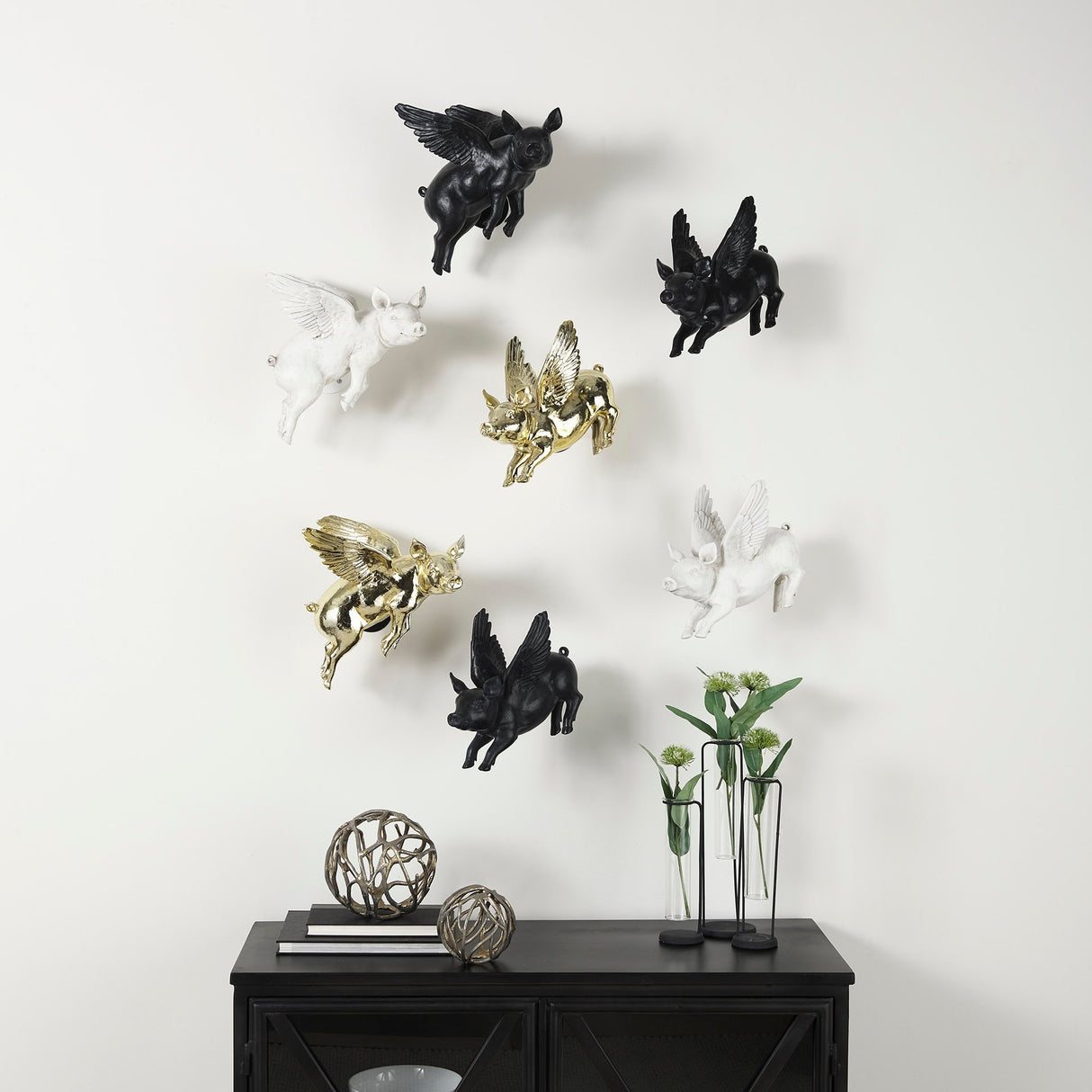 Hogbadi Black Resin Flying Pigs Decorative Wall Accents, Set of 2