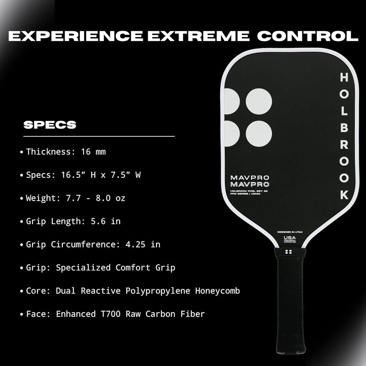Holbrook Mav Pro 2.0, T700 3K Carbon Fiber Pickleball Paddle, Black