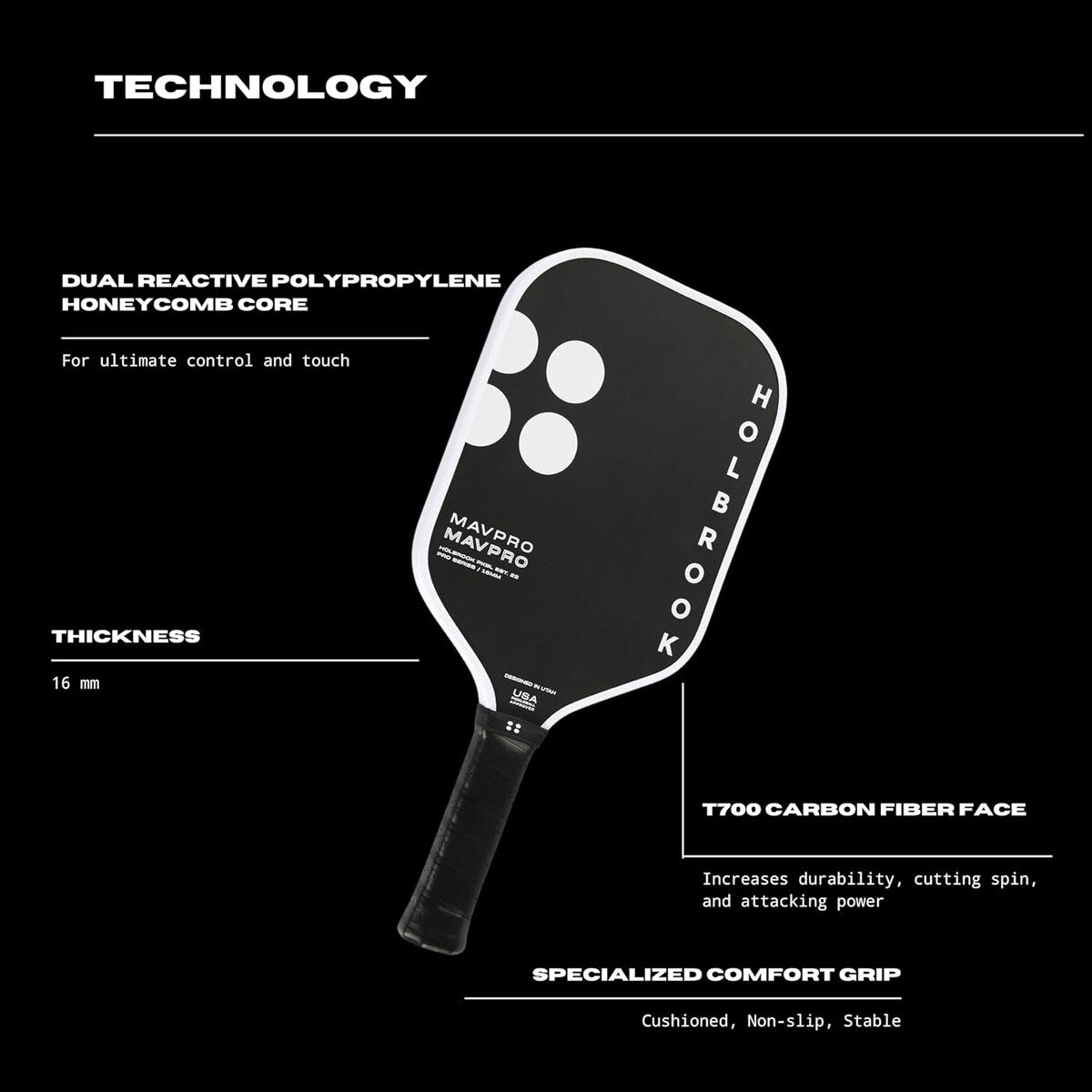 Holbrook Mav Pro 2.0, T700 3K Carbon Fiber Pickleball Paddle, Black