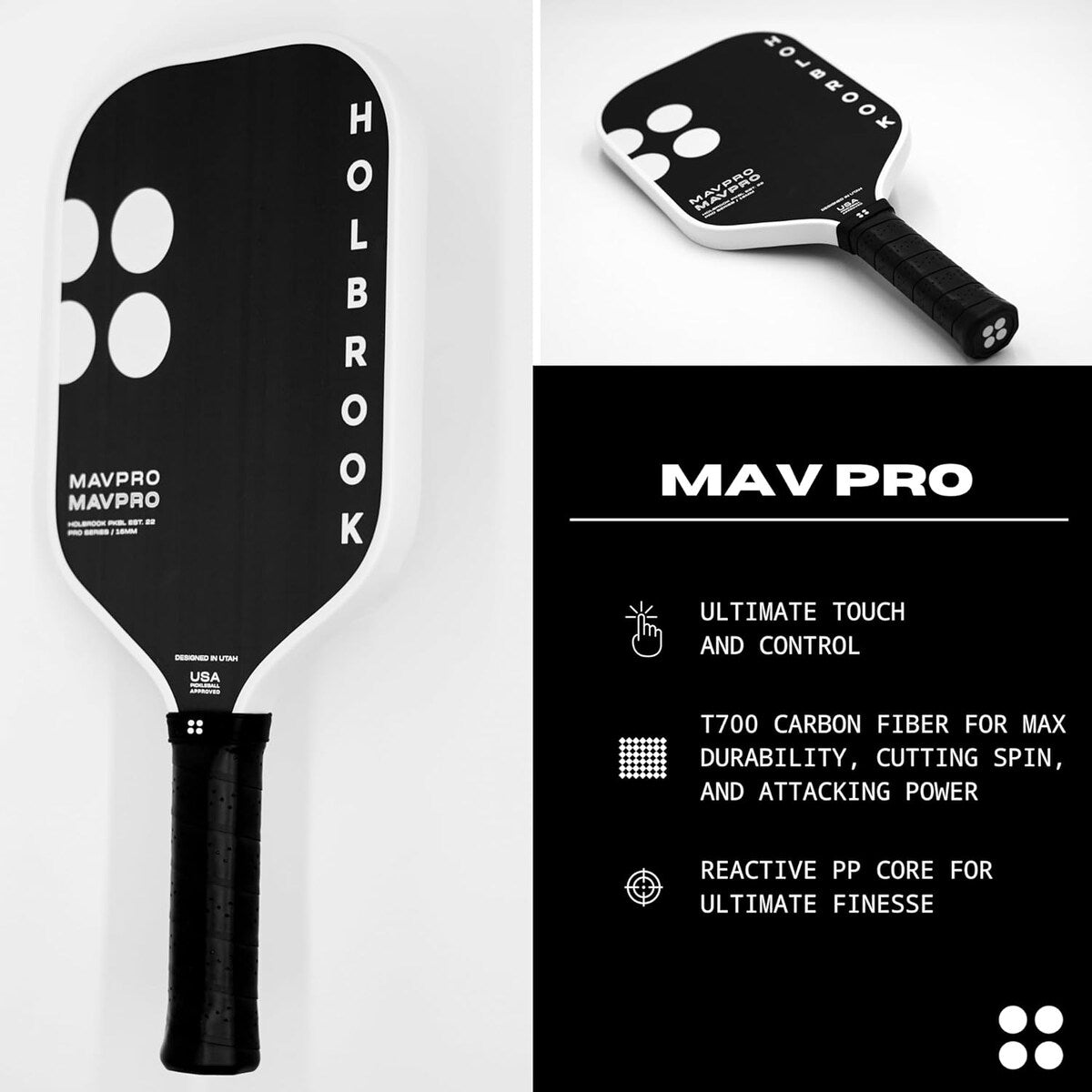 Holbrook Mav Pro 2.0, T700 3K Carbon Fiber Pickleball Paddle, Black