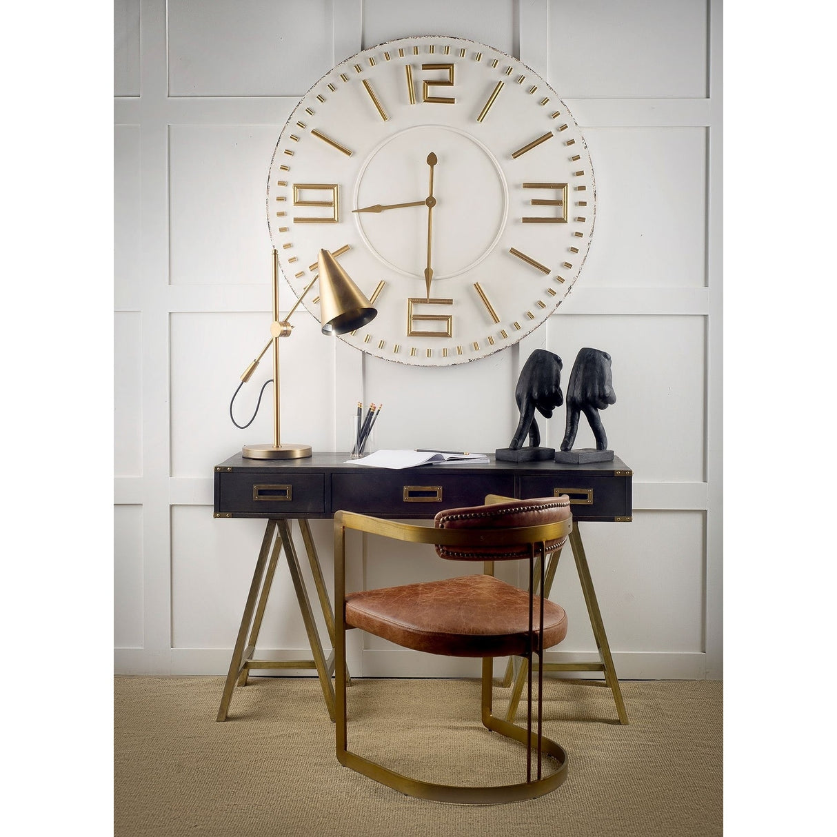 Brown Leather Seat With Gold Iron Frame Dining Chair