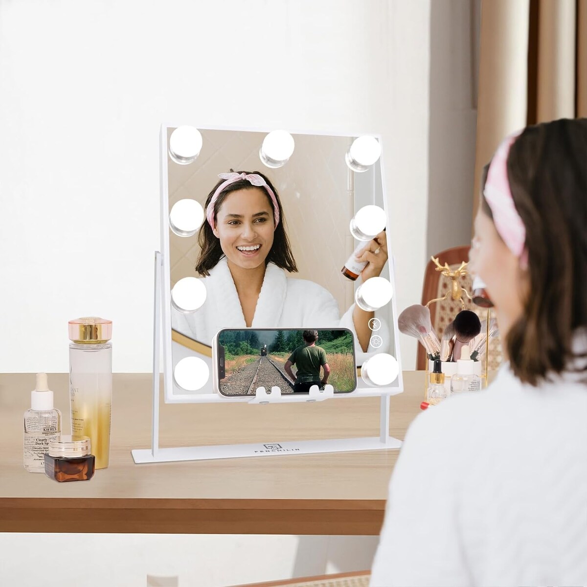 Hollywood Vanity Mirror with Lights 9 Dimmable Bulbs Wireless Charger Speaker Makeup Mirror with Smart Touch Control