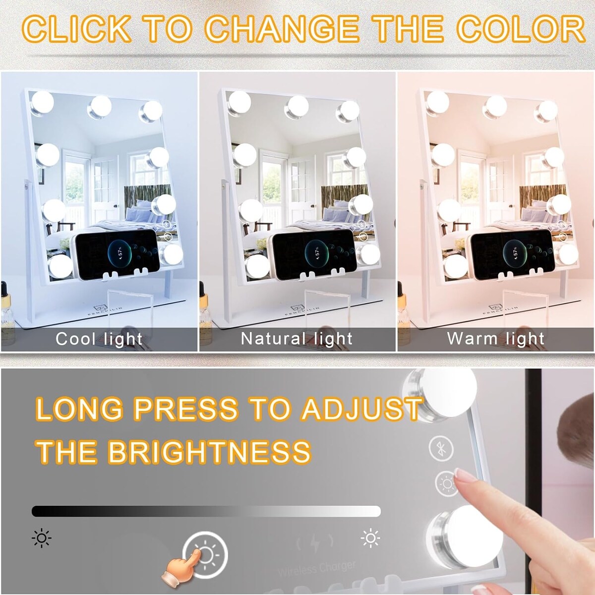 Hollywood Vanity Mirror with Lights 9 Dimmable Bulbs Wireless Charger Speaker Makeup Mirror with Smart Touch Control