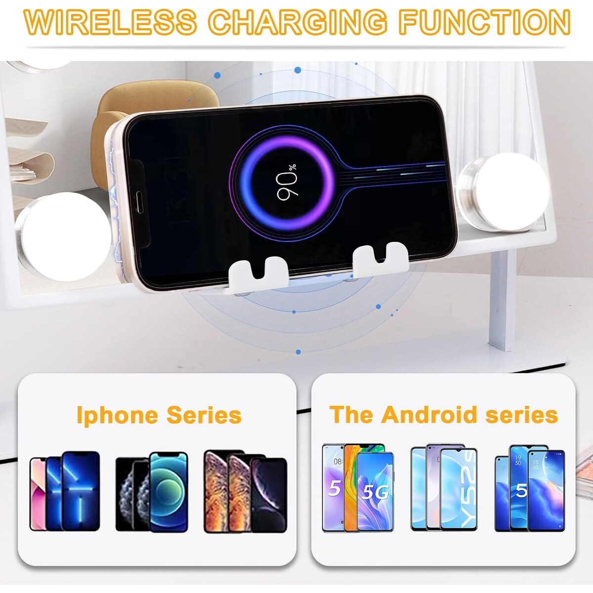 Hollywood Vanity Mirror with Lights 9 Dimmable Bulbs Wireless Charger Speaker Makeup Mirror with Smart Touch Control