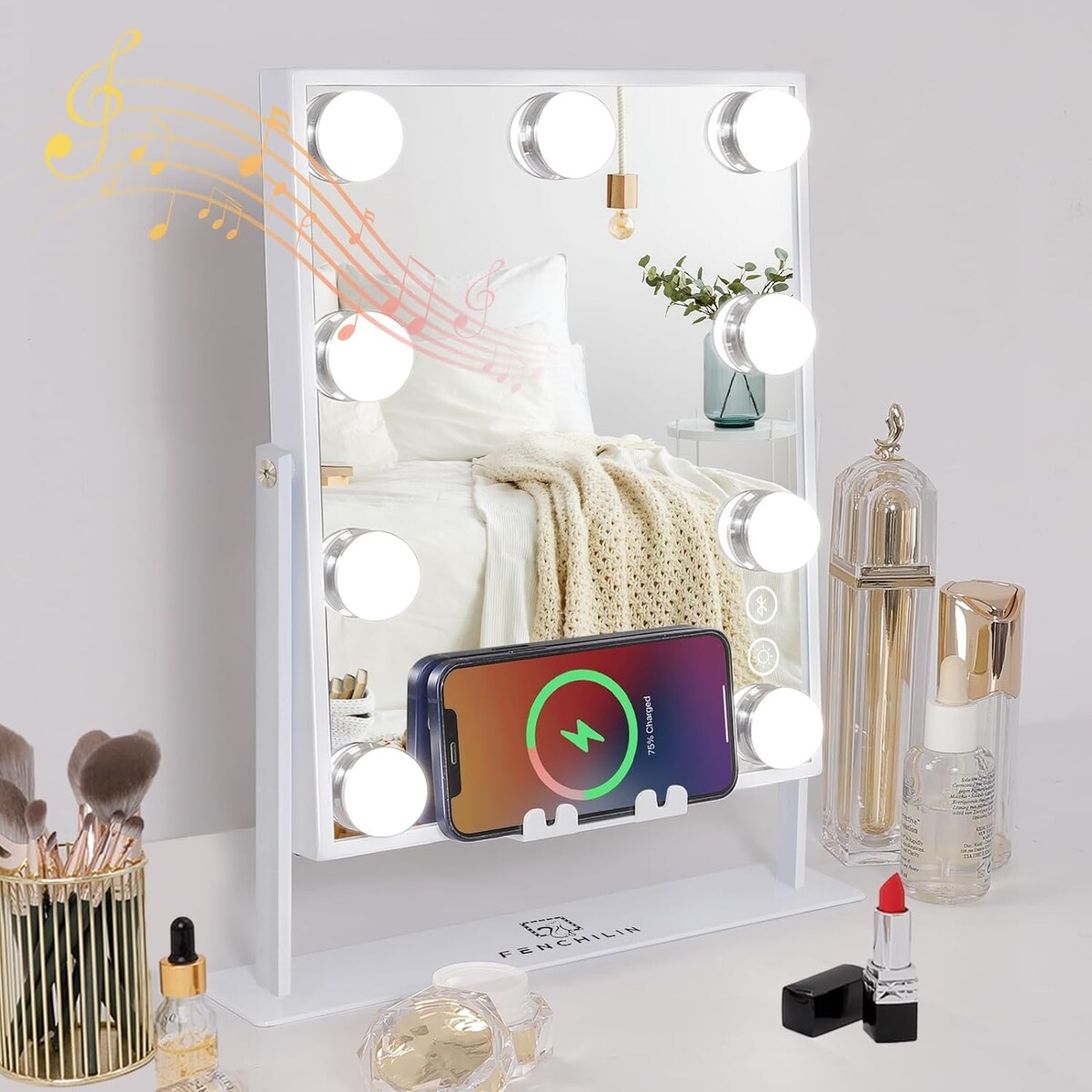Hollywood Vanity Mirror with Lights 9 Dimmable Bulbs Wireless Charger Speaker Makeup Mirror with Smart Touch Control