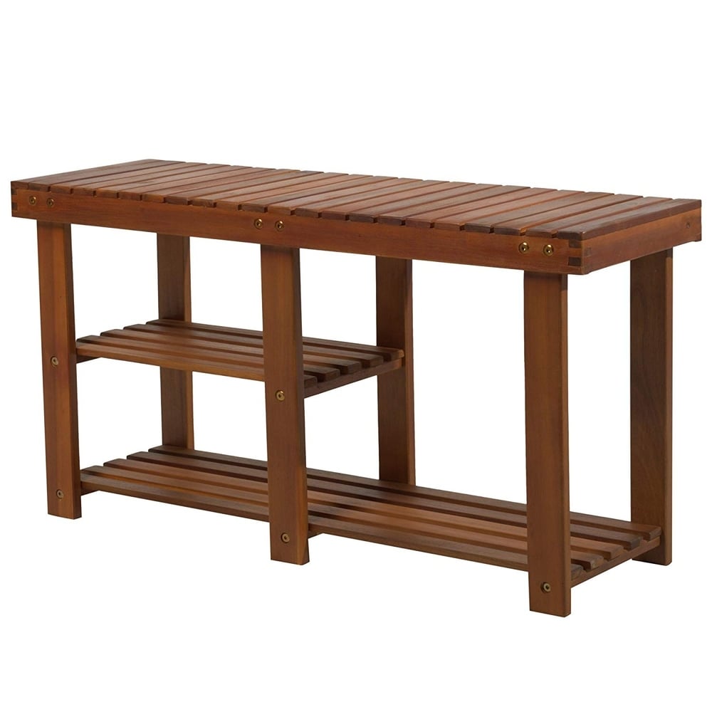 HomCom 3-Tier Acacia Wood Rustic Country Entryway Bench With Shoe Storage