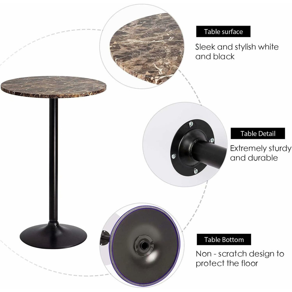 Homall Bistro Pub Table Round Bar Height Cocktail Table Metal Base MDF Top Obsidian Table with Black Leg 23.8inch Top - N/A