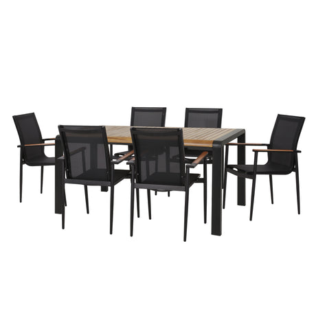 Homan Outdoor Mesh, Aluminum, and Acacia Wood 7 Piece Dining Set by Christopher Knight Home