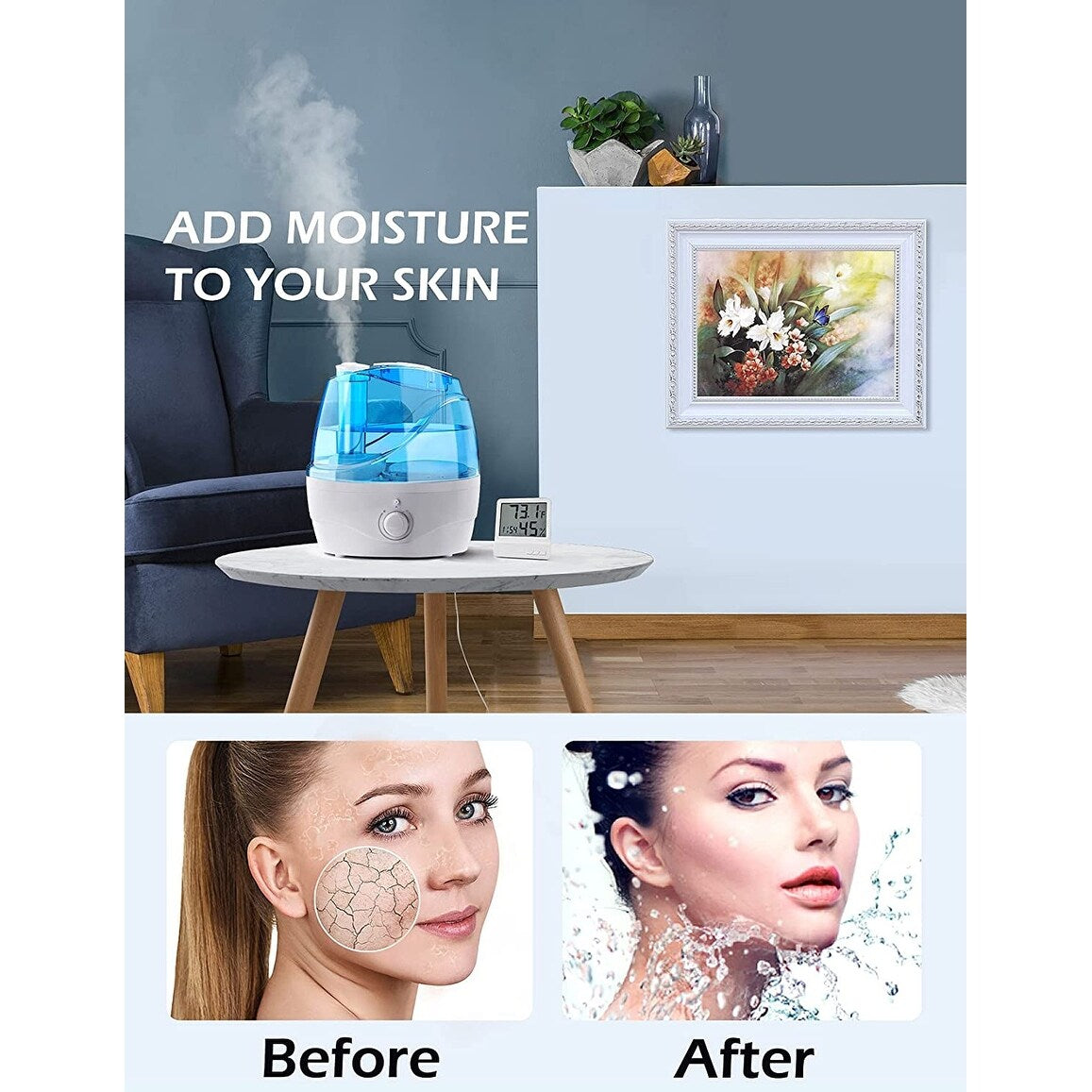 Homasy 2.2L Humidifiers with Blue Night Light, 28dB Quiet Humidifiers with 30 Working Hours, Waterless Auto-Off