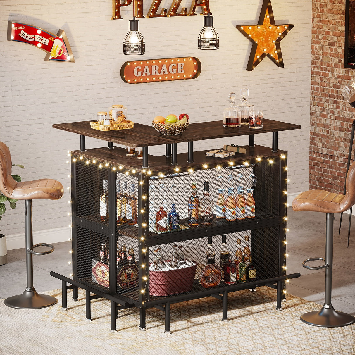L-shape Bar Table with Stemware Racks and Shelves - N/A