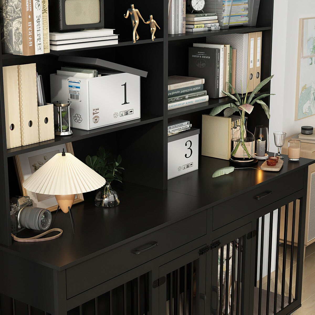 Home Office Desk Multi-Functional Workstation with Built-In Dog Crate
