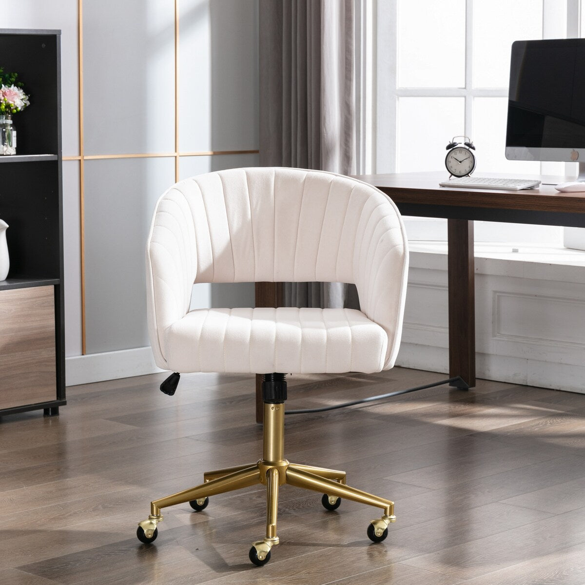 CTEX Home Office Task chair with wheels, Leisure Retro Home Office Desk Modern Swivel Accent Chair, Beige