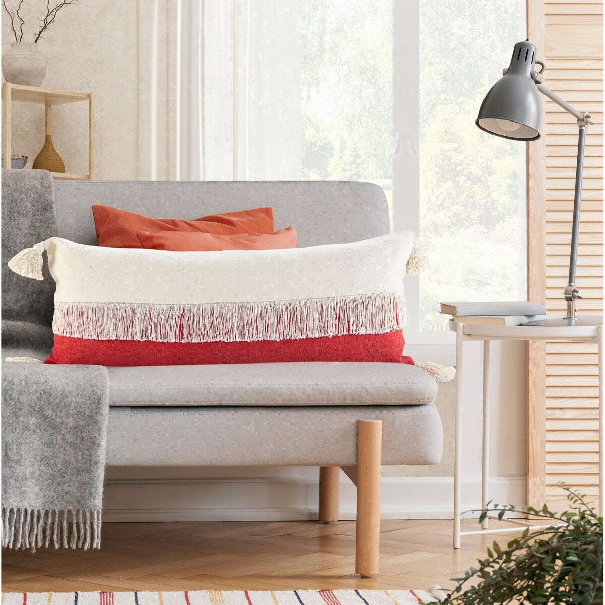 HomeRoots 14" X 36" Raspberry Red And Off-White 100% Cotton Zippered Pillow