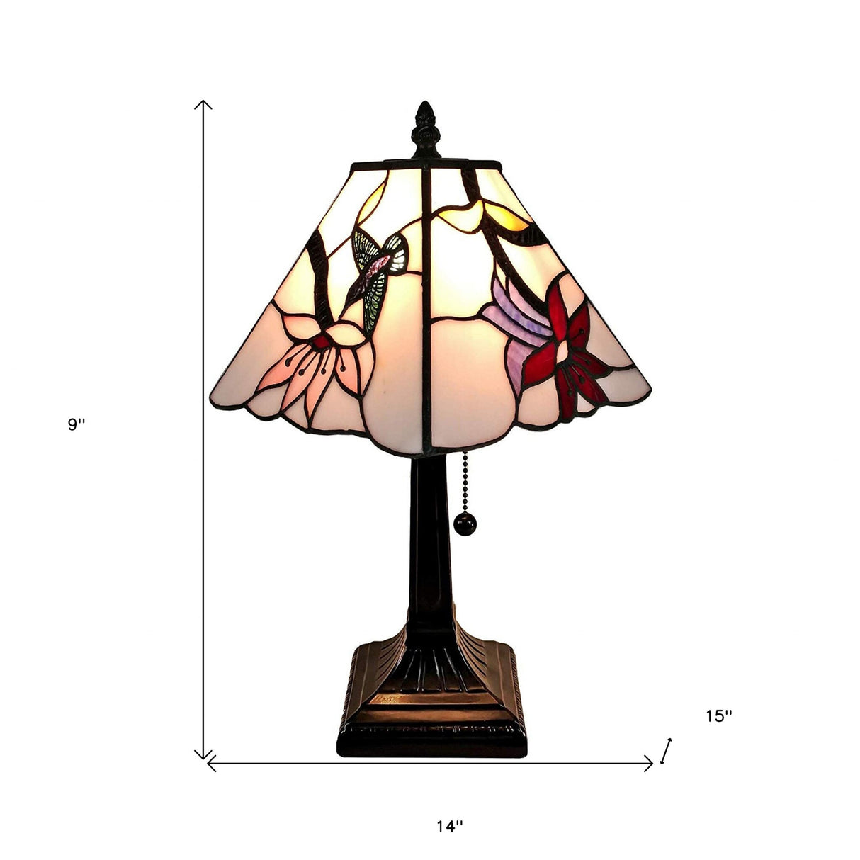 HomeRoots 15" Tiffany Style Red Floral Hummingbird Table Lamp - 14X15X9