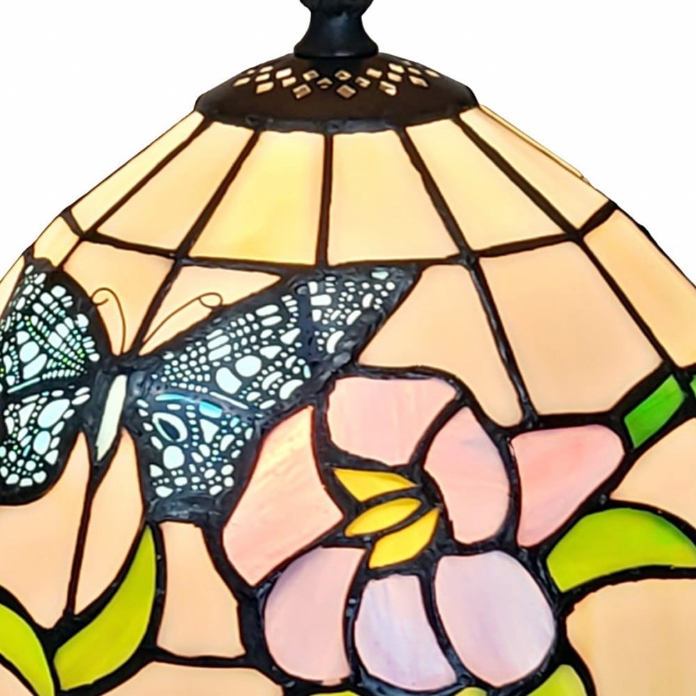 HomeRoots 15" Tiffany Style Stained Glass Blue Butterfly Table Lamp - 12