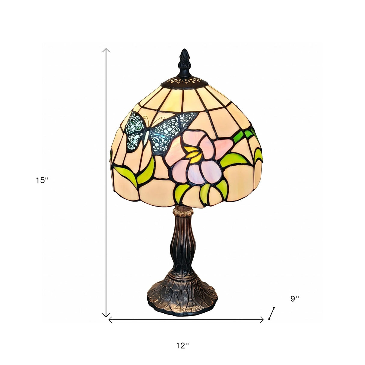 HomeRoots 15" Tiffany Style Stained Glass Blue Butterfly Table Lamp - 12