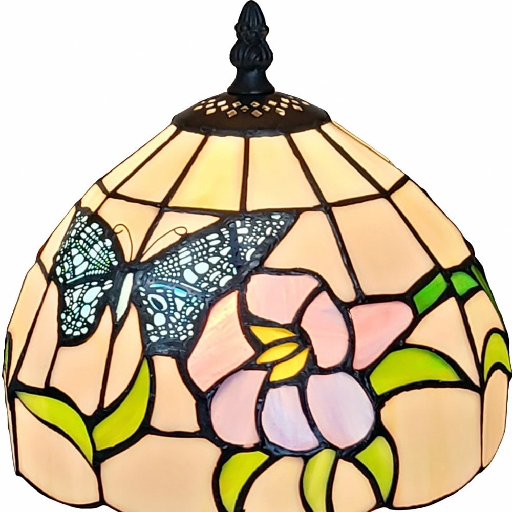 HomeRoots 15" Tiffany Style Stained Glass Blue Butterfly Table Lamp - 12
