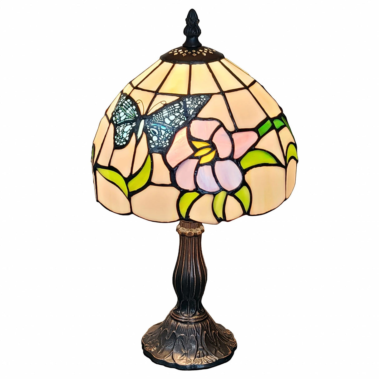 HomeRoots 15" Tiffany Style Stained Glass Blue Butterfly Table Lamp - 12