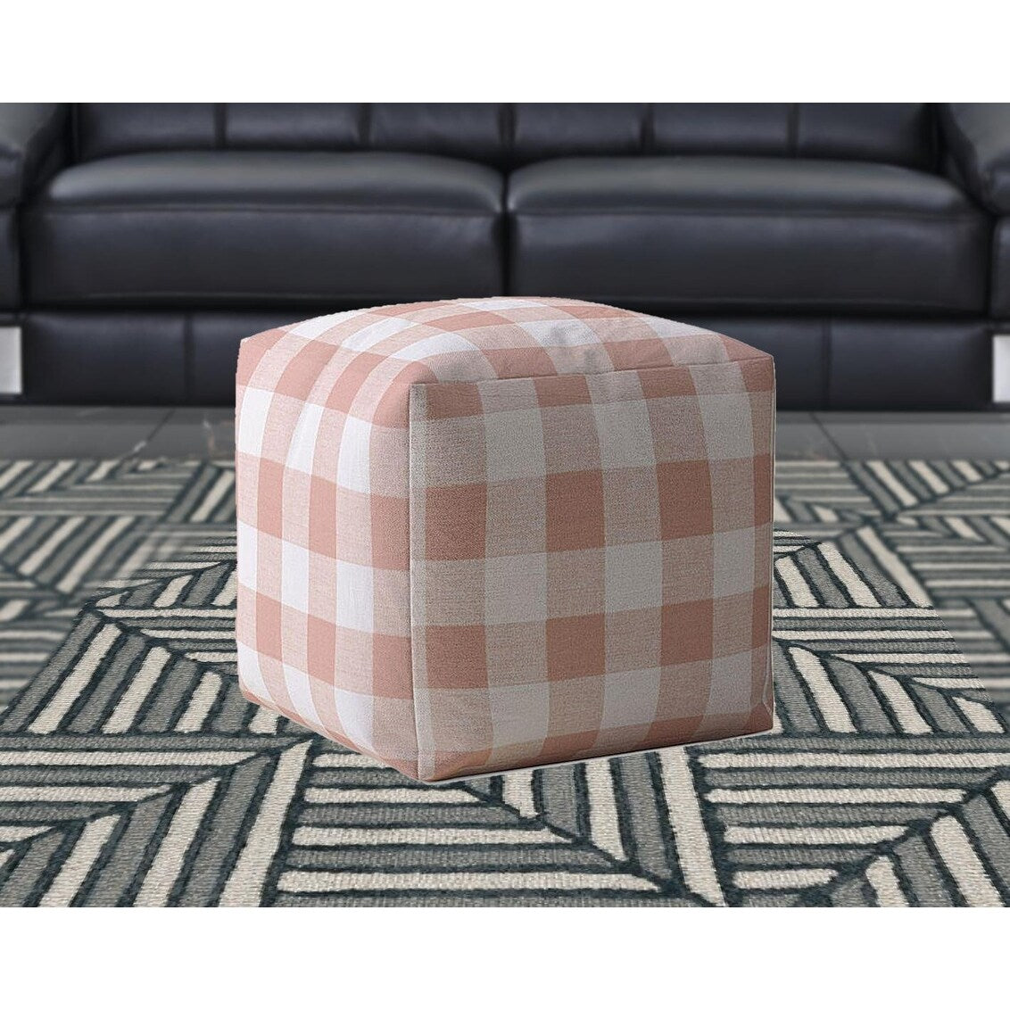 HomeRoots 17" Pink And White Cotton Gingham Pouf Ottoman