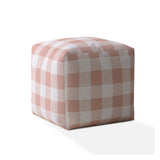 HomeRoots 17" Pink And White Cotton Gingham Pouf Ottoman