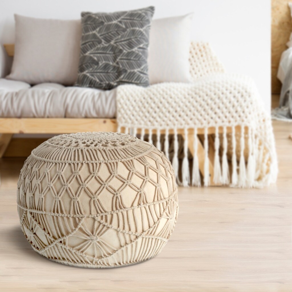 HomeRoots 20" Cream 100% Cotton Ottoman
