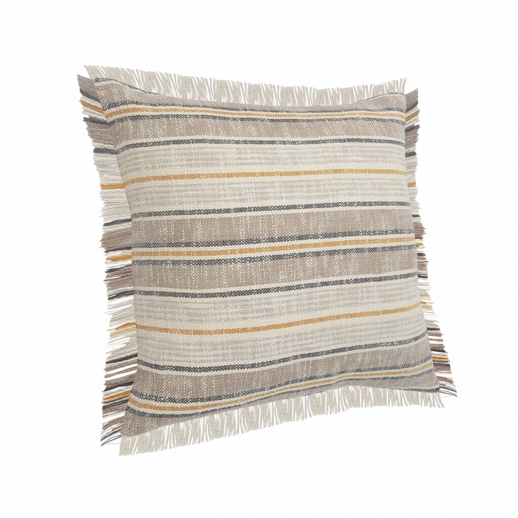 HomeRoots 20" X 20" Taupe Gray Yellow And Navy 100% Cotton Striped Zippered Pillow