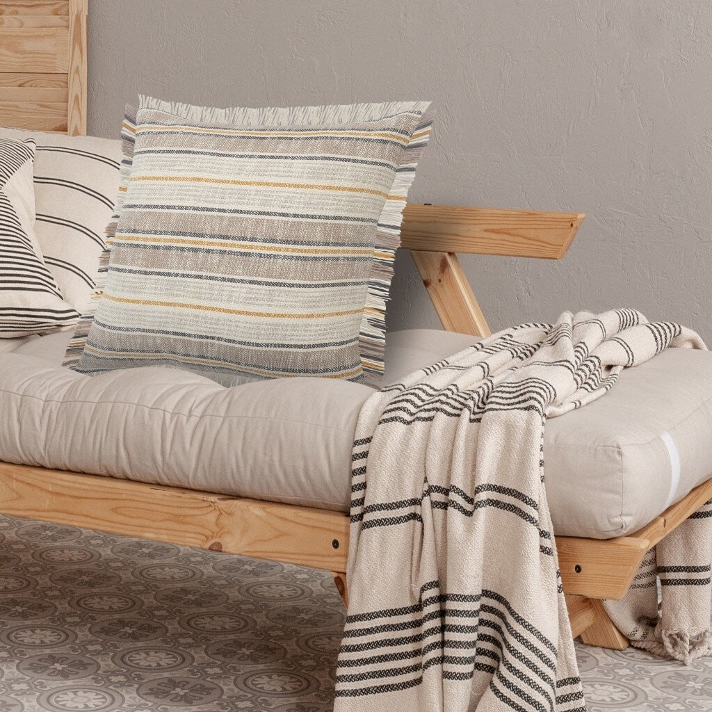 HomeRoots 20" X 20" Taupe Gray Yellow And Navy 100% Cotton Striped Zippered Pillow